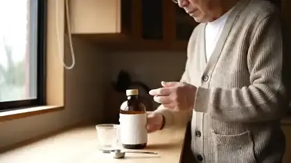 A man in his sixties at a kitchen counter turning an amber bottle to read the front of its label