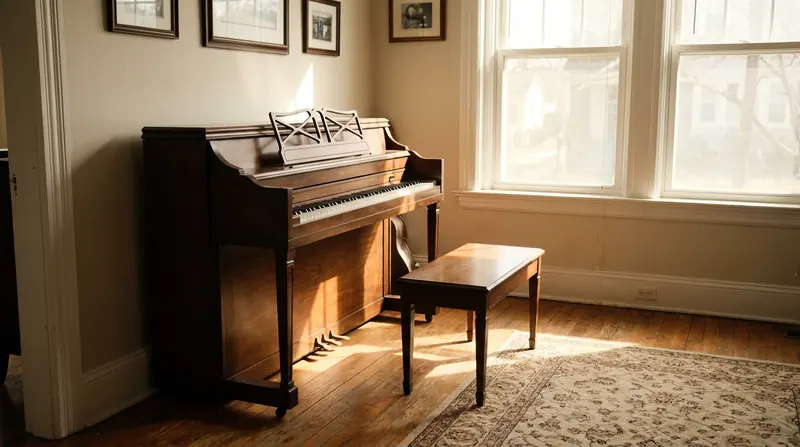 An upright piano with its keyboard open in a quiet sunlit living room