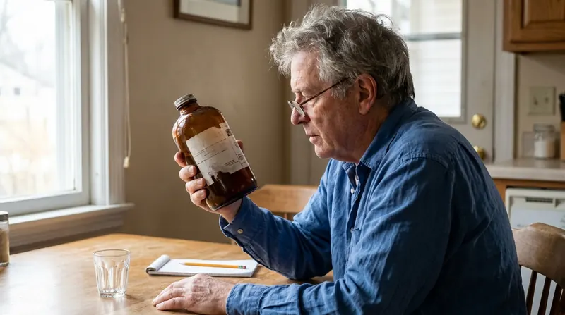 A man in his sixties at a kitchen table studying the front label of an amber bottle through reading glasses