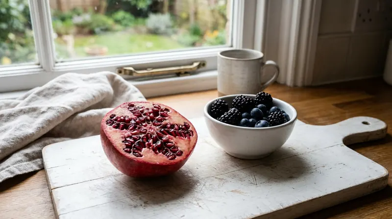Half a pomegranate and a small bowl of dark berries on a white cutting board by a window