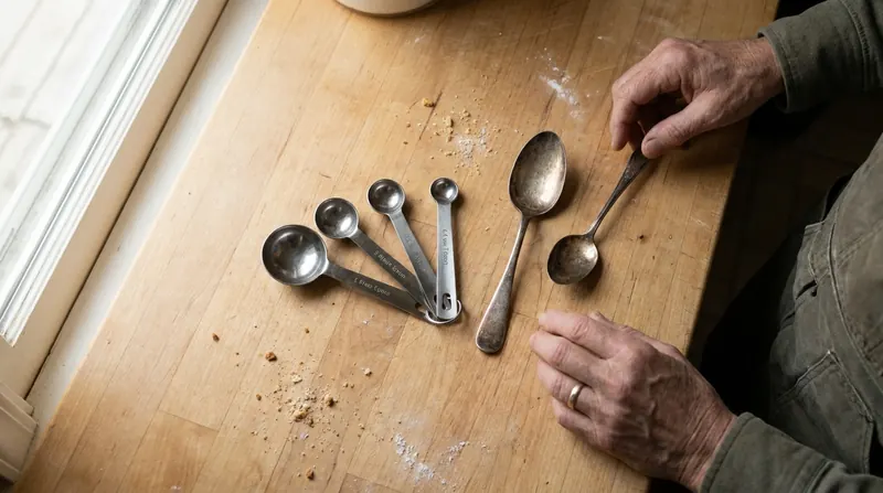 A fan of steel measuring spoons beside two ordinary table spoons of different sizes on a wooden counter