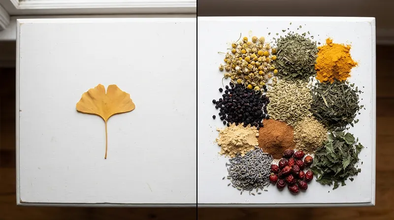 Split view of one ginkgo leaf alone on a white table and eleven small heaps of powders crowded together