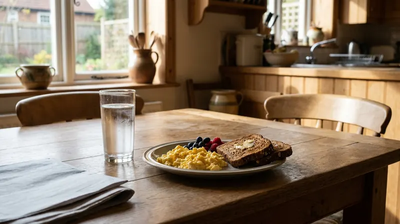 A tall glass of water beside a plate of eggs, toast and berries on a sunny kitchen table