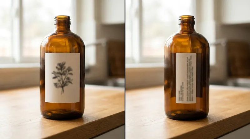 Split view of an amber bottle's blank front label and its back label of tiny unreadable print