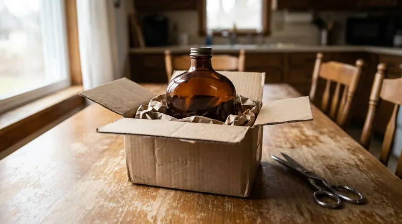 An opened shipping box on a kitchen table with an amber bottle resting on brown packing paper