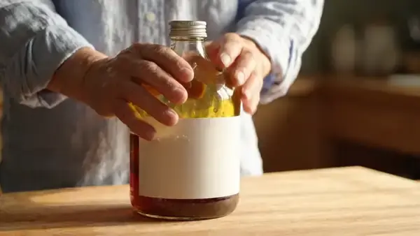 Two hands shaking a tall amber bottle over a kitchen counter before pouring