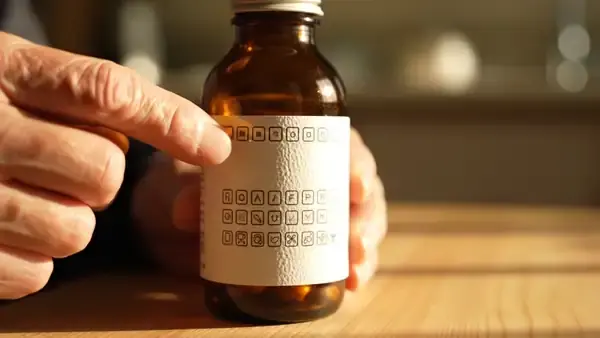 A fingertip moving slowly along the small printed badges on the front of an amber bottle