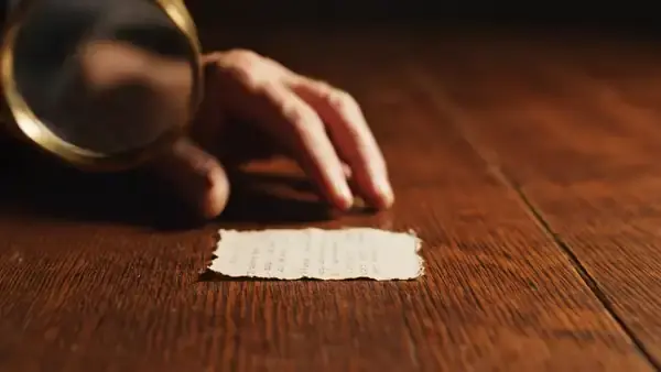 A hand moving a magnifying glass slowly across a small printed label on a wooden table