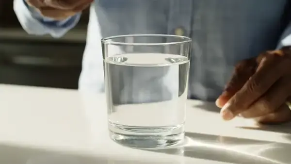 A tablespoon of dark red liquid tipped into a glass of water, the color swirling through it