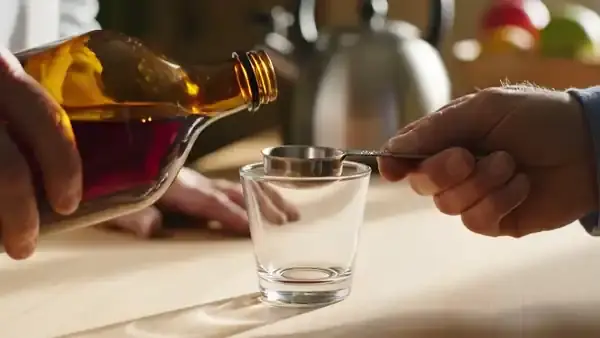 A thin stream of dark red liquid poured from an amber bottle into a steel measuring tablespoon