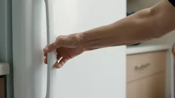 A hand placing an amber bottle in the door shelf of a refrigerator beside the milk and juice