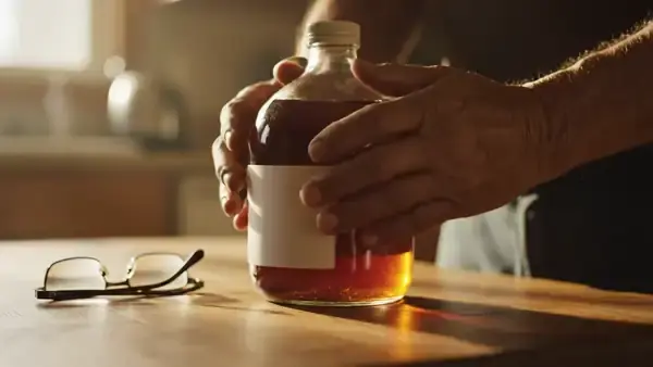 Two hands slowly turning an amber bottle around on a kitchen table to face its back