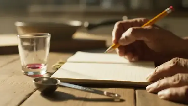 A hand pencilling a small tick in a notebook beside an empty glass and a measuring spoon
