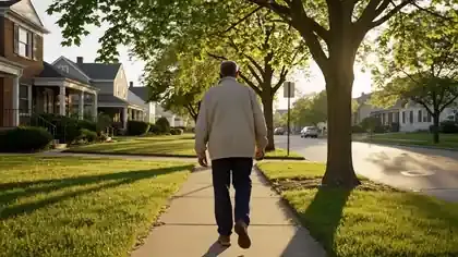 A man in his sixties seen from behind walking along a quiet tree-lined street in the morning